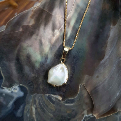 Detail van zoetwater parelketting met witte parel hanger liggend in schelp | One Gold Coin Pearl Chain