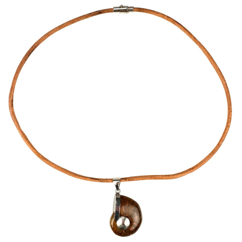 Schelpen ketting met een versteende nautulus schelp en leer | Fossiel