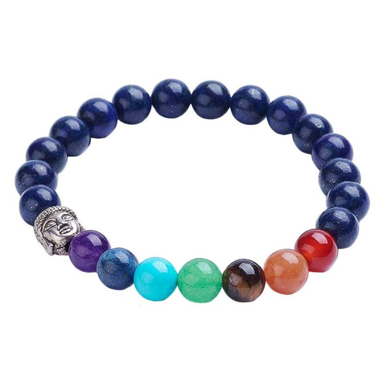 Blauwe edelstenen armband met lapis lazuli, zilveren Boeddha en verschillende soorten en kleuren edelstenen | Elastisch | Lapis Lazuli Silver Buddha Gemstones