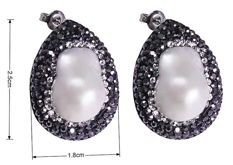 Witte zoetwater parel oorknoppen met stras steentjes, maatindicatie | Bright Pearl Big Teardrop