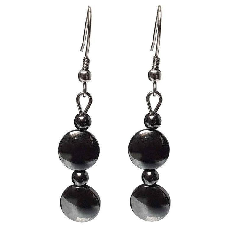 Zwarte edelstenen oorbellen met hematiet stenen en zilver edelstaal, vooraanzicht | set Hematite coin