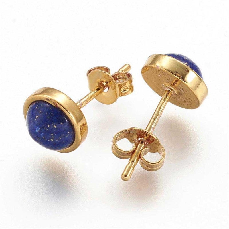 Blauwe edelstenen oorbellen met lapis lazuli, lapis lazuli oorknopjes, voor- en achteraanzicht | Lapis Lazuli Small Gold