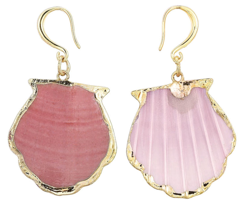 Schelpen oorbellen met roze Shell schelp en goud edelstaal voor en achterkant | set Gold Sea Shell Pink
