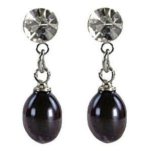 Zoetwater parel oorknopje met zwarte parel en stras steentje vooraanzicht | Cadeau set Big Crystal Pearl W-B