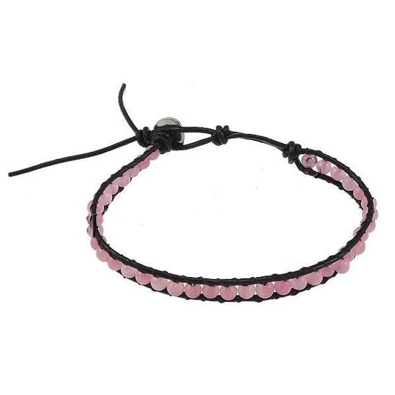 Roze edelstenen armband met zwart leer | Wrap Rose Quartz