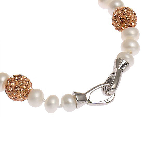 Slotje van wit zoetwater parel armband met gouden stras steentjes | Bling Rosé Golden Pearl