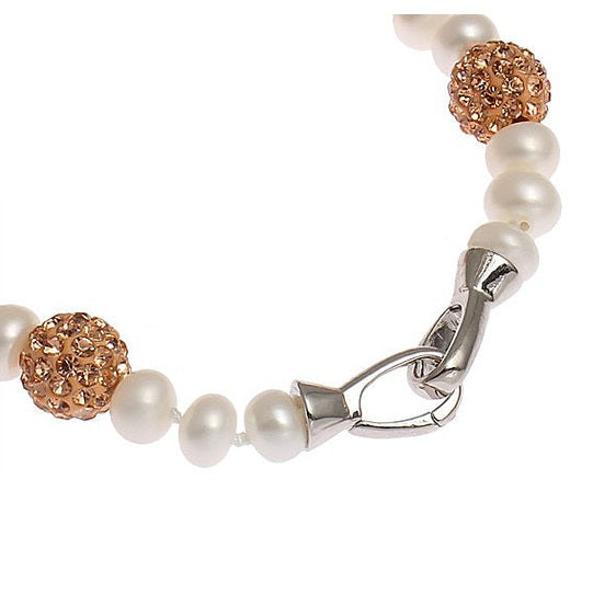 Slotje van wit zoetwater parel armband met gouden stras steentjes | Bling Rosé Golden Pearl