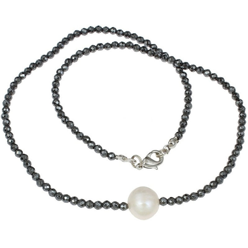 Zoetwater parelketting met witte parel, zwarte edelsteen hematiet en sterling zilver (925) | Hematite Pearl W