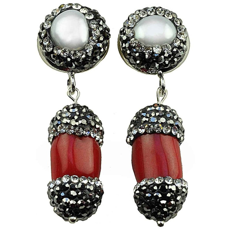 Witte zoetwater parel oorbellen met rood koraal en stras steentjes, vooraanzicht | set Bright Pearl Coral