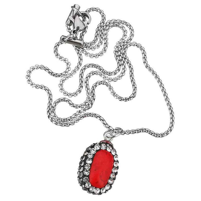 Rode edelstenen ketting met turkoois, stras steentjes en zilver edelstaal liggend| Bright Red Turquoise