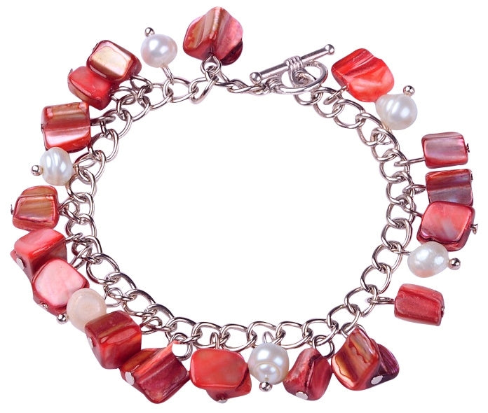 Zoetwater parel bedel armband met witte parels en rood parelmoer | Pearl Red Shell Chip