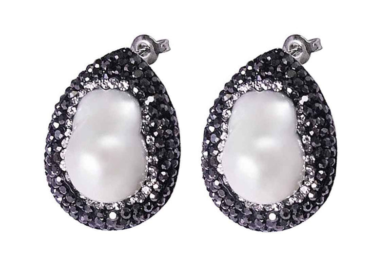 Witte zoetwater parel oorknoppen met stras steentjes | Bright Pearl Big Teardrop