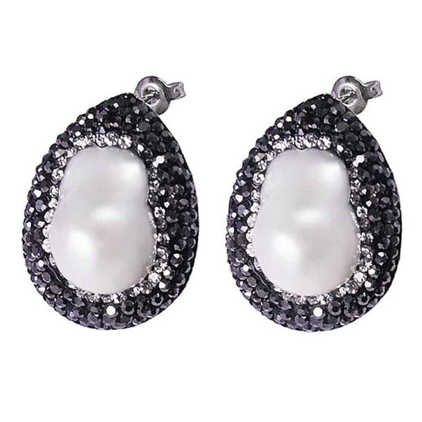 Witte zoetwater parel oorknoppen met stras steentjes | Bright Pearl Big Teardrop