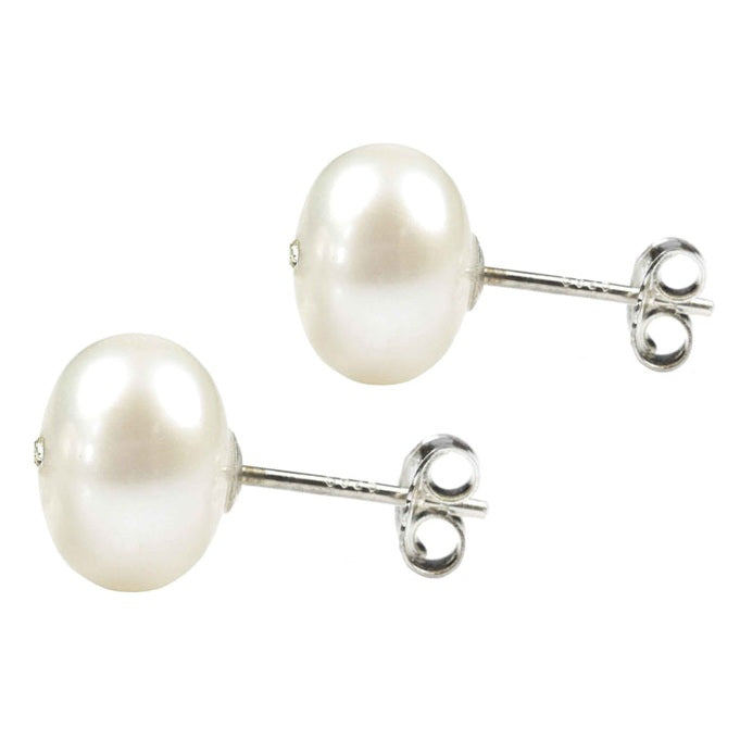 Zoetwater parel oorknop met witte parel en stras steentje zijaanzicht | Cadeau set Mea Bling W-B