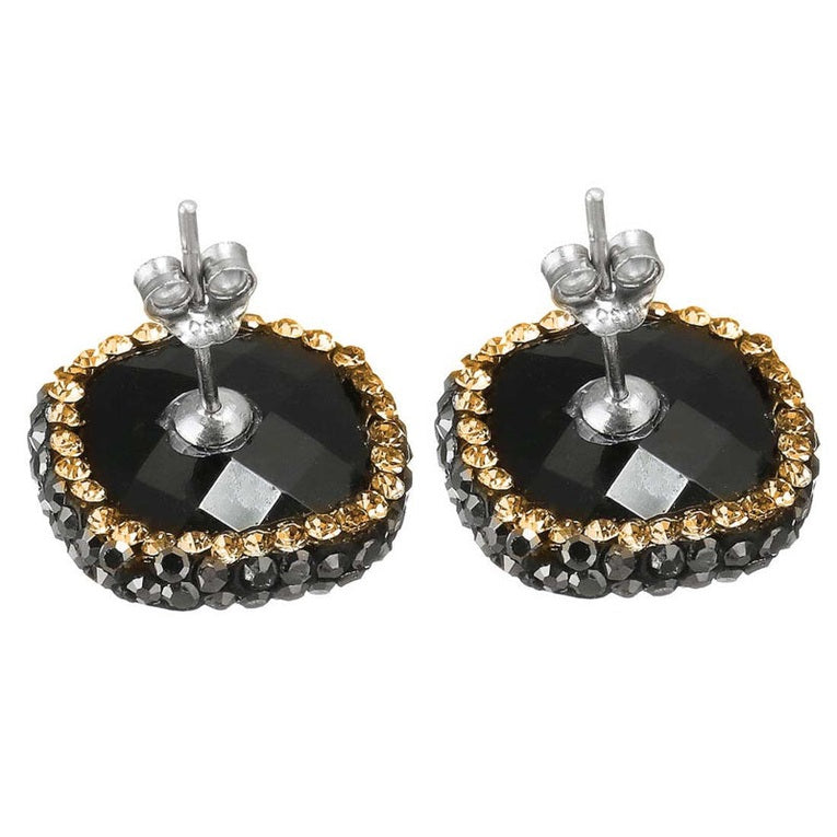 Zwarte edelstenen oorbellen met agaat , gouden stras steentjes en sterling zilver (925) achterzijde | Bright Black Agate Gold Square