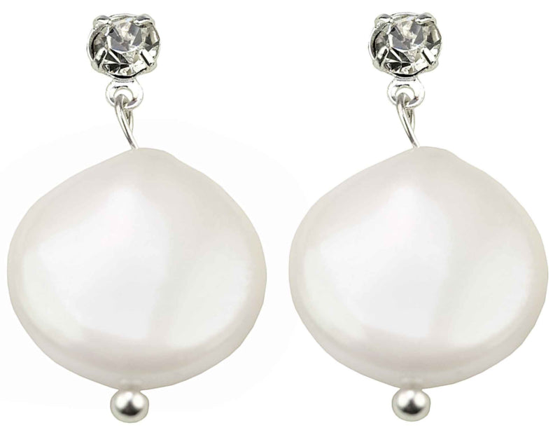 Witte zoetwater parel oorbellen met witte coin parels en stras steentjes | Bling Colly Two