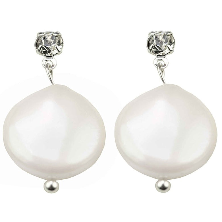 Witte zoetwater parel oorbellen met witte coin parels en stras steentjes | Bling Colly Two