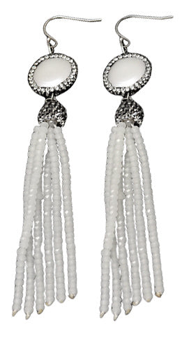 Lange witte parel oorbellen met stras steentjes en sterling zilver (925) | Bright Coin Pearl White Crystal Tassel