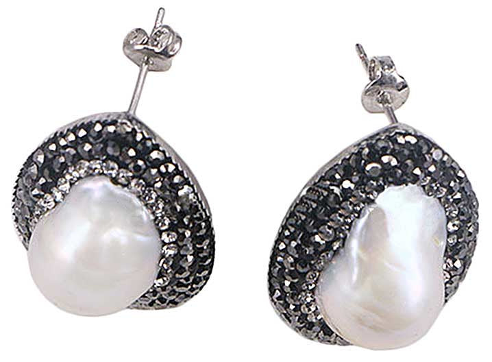 Witte zoetwater parel oorknoppen met stras steentjes, bovenaanzicht | Bright Pearl Big Teardrop