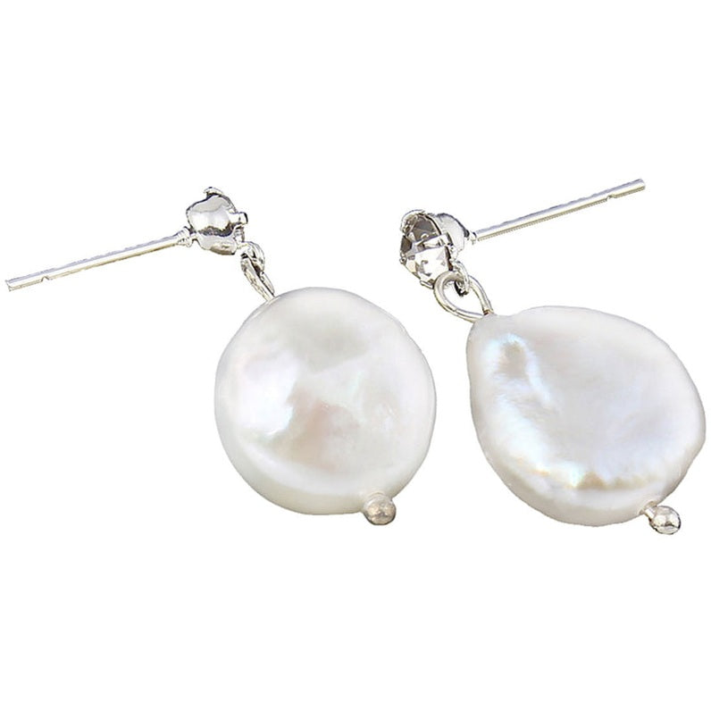 Witte zoetwater parel oorbellen met witte coin parels en stras steentjes, liggend | Bling Colly