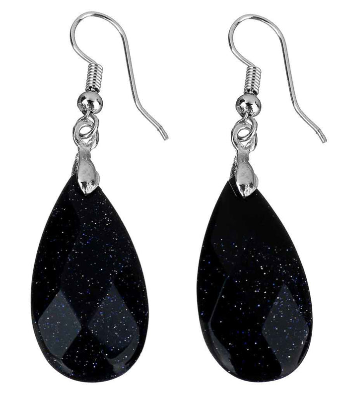 Blauw zwarte edelstenen oorbellen met goudvuur en sterling zilveren oorbelhaakjes, oorbelhanger | Facet Blue Goldstone