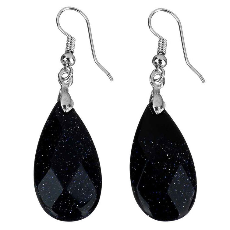 Blauw zwarte edelstenen oorbellen met goudvuur en sterling zilveren oorbelhaakjes, oorbelhanger | Facet Blue Goldstone