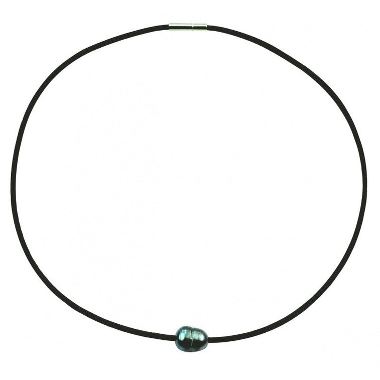 Zoetwater parelketting met grijs blauwe parel en zwart leer | Black Leather Pearl Grey