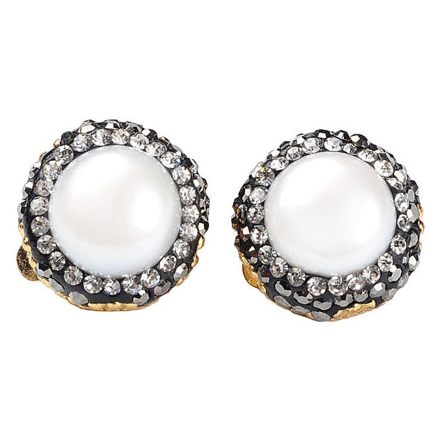Witte zoetwater parel clips oorbellen met stras steentjes, voor aanzicht | Bright Pearl Clips