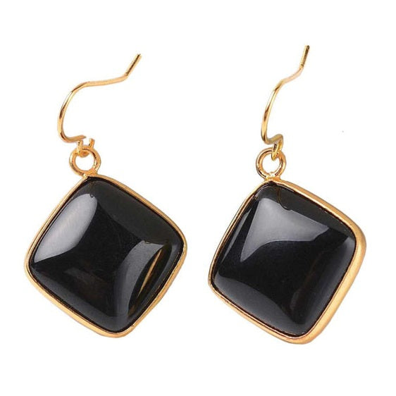 Zwarte dekstenen oorbellen met goud edelstaal | Blacke Agate Gold Square