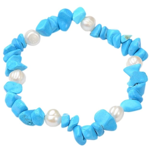 Wit zoetwater parel armband met blauwe edelstenen turkoois, elastisch | Pearl Turquoise Chip