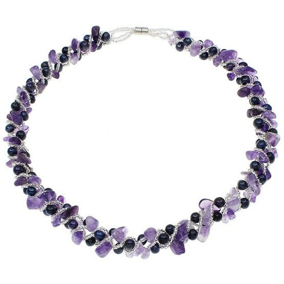 Zoetwater parelketting met donker blauwe parels, amethist en magneetslotje | Pearl Amethyst