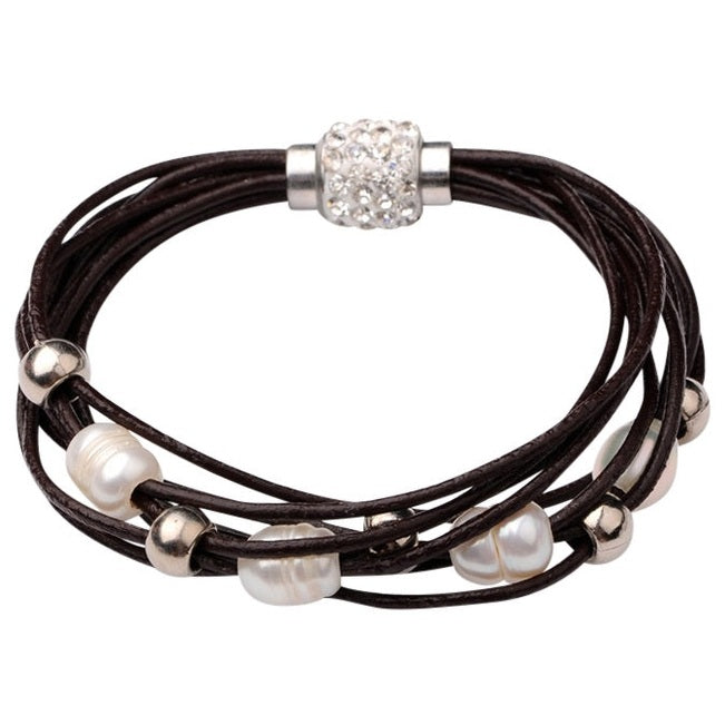 Wit zoetwater parel armband met bruin leer en stras steentjes | Bling Pearl Brown