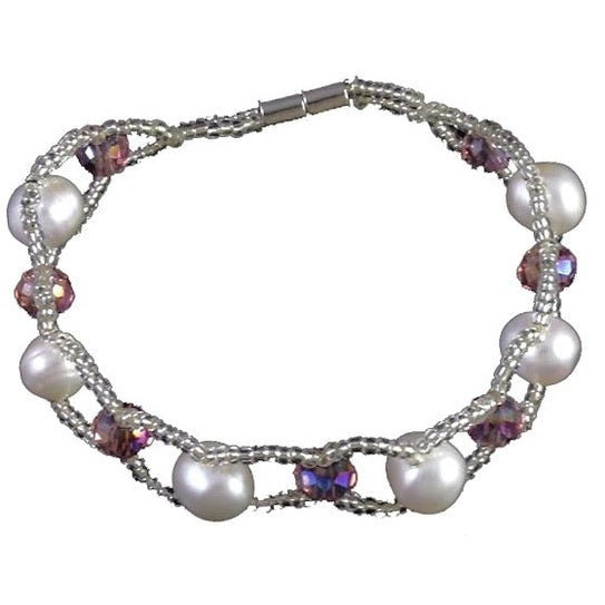 Wit zoetwater parel armband met oud roze facet geslepen kristallen en magneetslotje | Pearl Crystal Pink 8