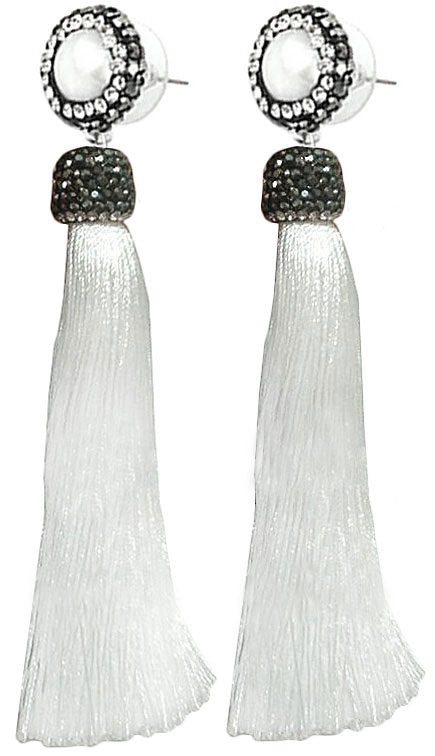 Lange witte zoetwater parel oorbellen met stras steentjes en wit kwastje | Bright Pearl White Tassel