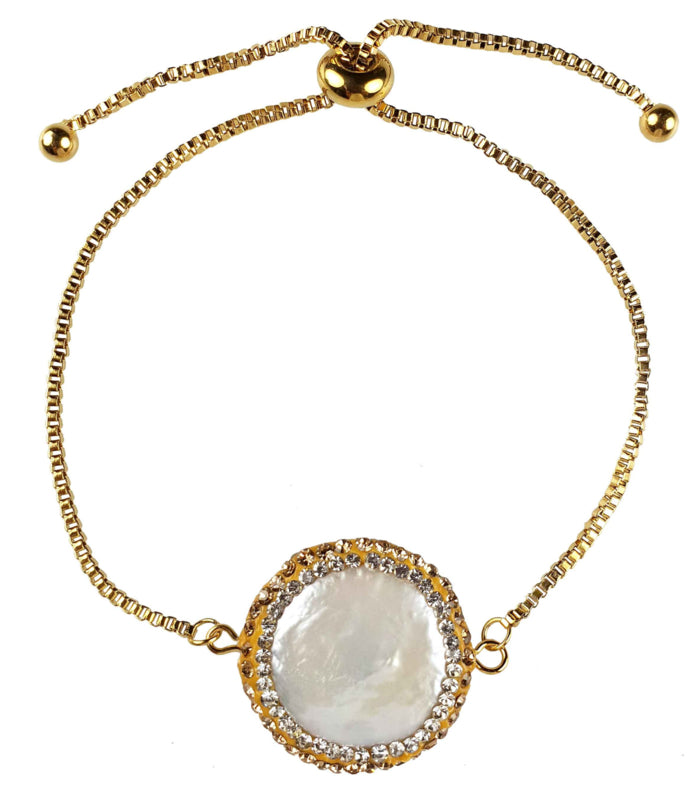 Wit zoetwater parel armband met goud edelstaal, stras steentjes en een schuifslotje | Bright Golden Pearl