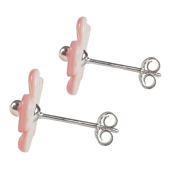 Roze parelmoeren oorbellen in bloem vorm met sterling zilver 925 zijaanzicht | Pink Shell Flower