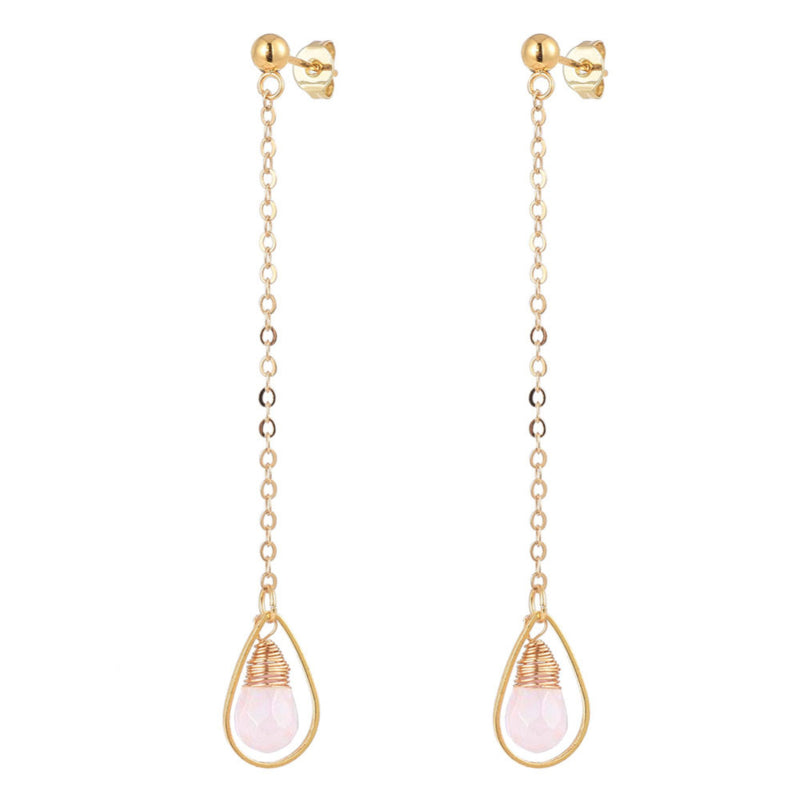 Lange roze edelstenen oorbellen met rozenkwarts en goud edelstaal | Dangling Long Rosé Quartz