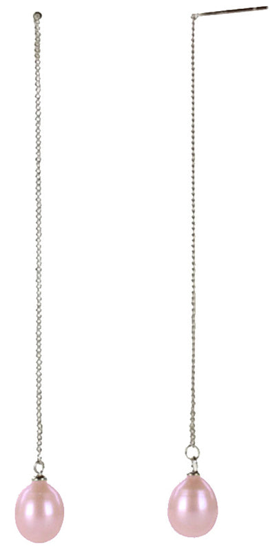 Lange zoetwater parel oorbellen met roze parels hangend | Pearl Chain Rose