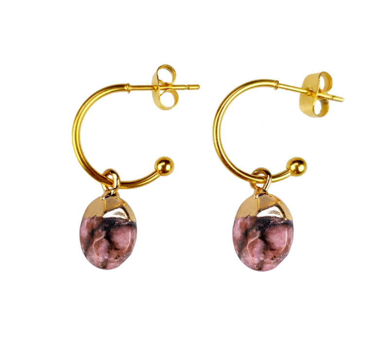 Edelstenen oorbellen met rhodoniet en goud edelstalen oorringen | Golden Hope 15 mm Rhodonite