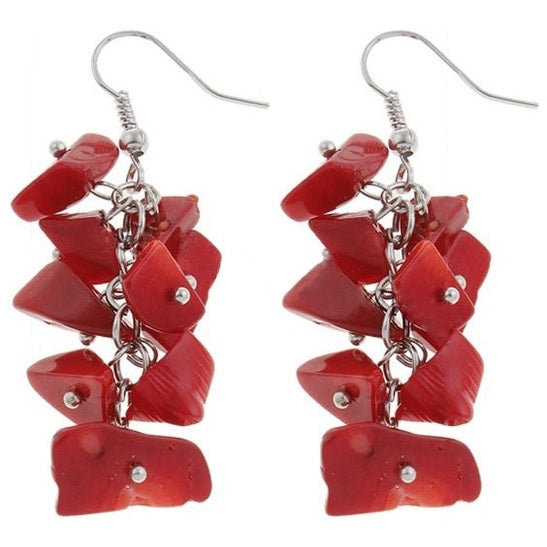 Rood koralen oorbellen met trosje koraal en sterling zilver 925 | Coral Pieces Long