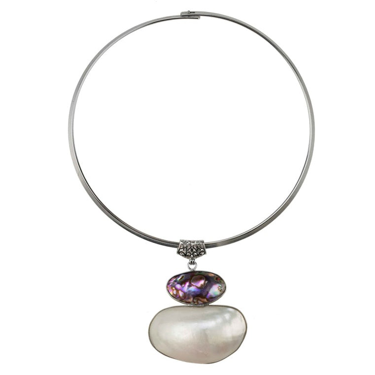 Parelmoeren choker ketting met abaloon en witte schelp | White Shell Pink Abalone