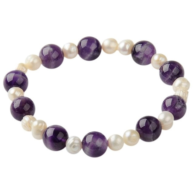 Zoetwater parel armband met witte parels en paarse edelsteen amethist, elastisch | Pearl Amethyst