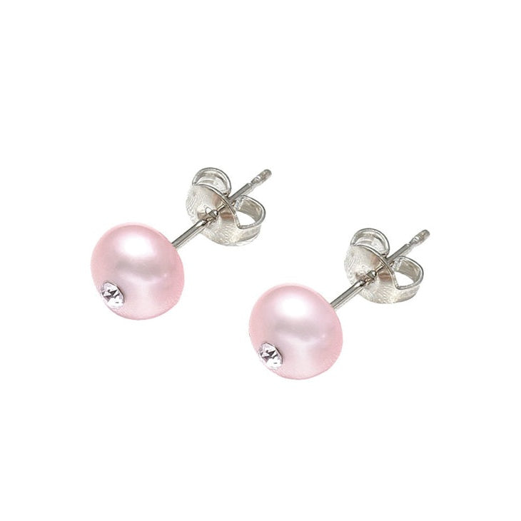 Zoetwater parel oorknopje met roze parel met stras steentje zijaanzicht | Cadeau set zoetwater parel oorbellen Mea Bling Small