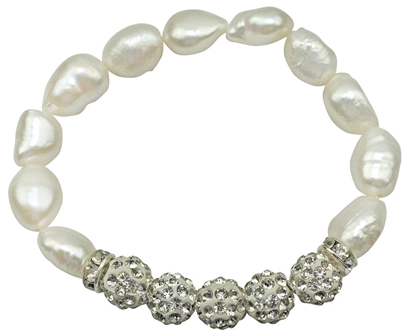 Wit zoetwater parel armband met stras steentjes, elastisch | Five Bling Pearl