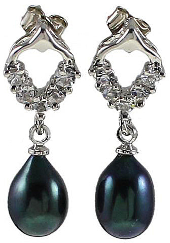 Zwarte zoetwater parel oorbellen met stras steentjes | Bling Pearl Heart B