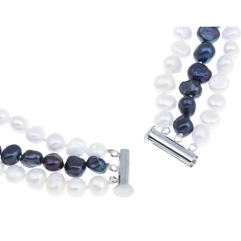 Slotje van zoetwater parelketting met witte en blauw zwarte parels in 3 rijen | Sabia