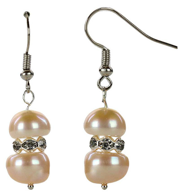 Zoetwater parel oorbellen met zalm kleurige parels, stras steentjes en sterling zilver 925 | Bling Pearl Peach