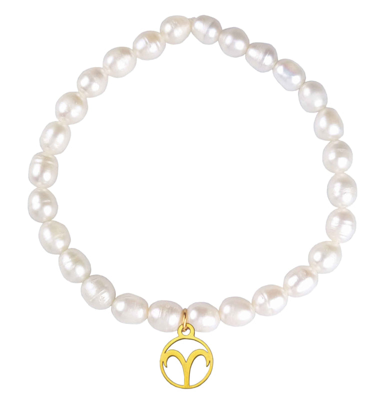 Witte zoetwater parel armband met edelstalen sterrenbeeld Ram, elastisch parel armband | Gouden Sterrenbeeld Ram