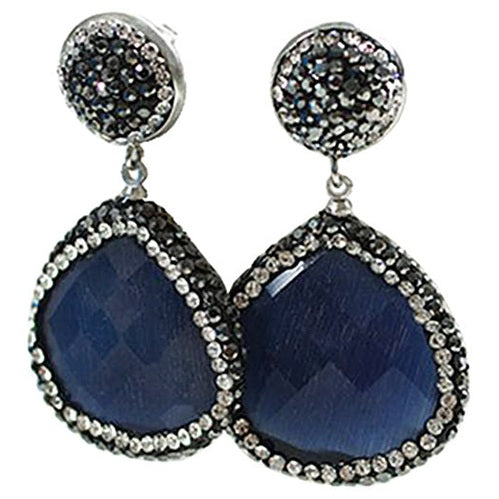 Blauwe edelstenen oorknoppen met kattenoog en stras steentjes vooraanzicht | Bright Dark Blue Cat’s Eye