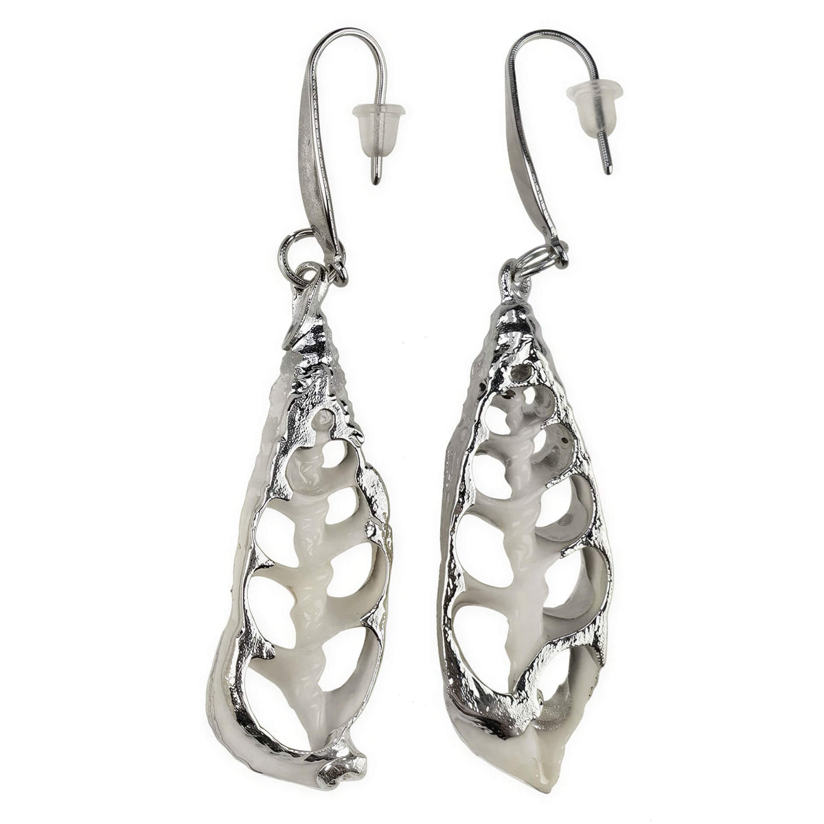 Witte schelp oorbellen met zilver edelstaal zijaanzicht | White Trumpet Shell Silver